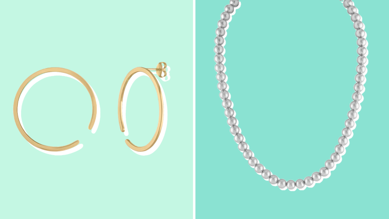 Collage of a pair of gold hoop earrings and a silver necklace sold at Maison Miru