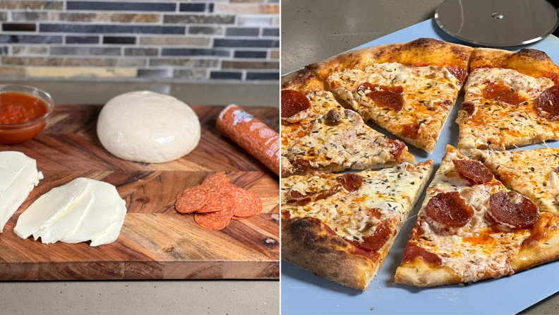 Left: a bowl of pizza sauce, slices of mozzarella cheese, a ball of pizza dough, and sliced pepperoni are spread on a cutting board. Right: a pepperoni pizza cut into slices with a pizza wheel in the background.