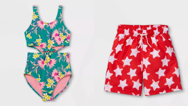 Green floral print one piece swimsuit with a midriff cut out; red swim trunks with white star print