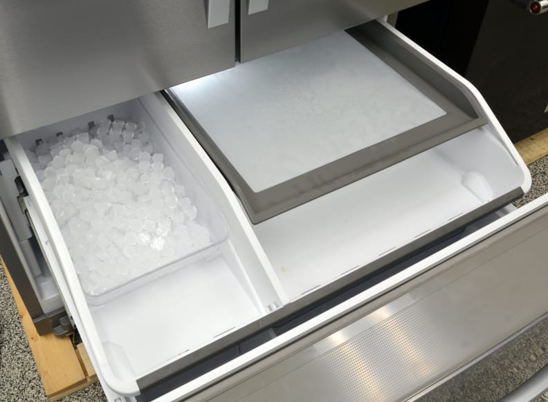 On the upper freezer drawer, you get the cube bucket for the second ice maker, plus a two-tiered storage area that offers less space than a usual freezer drawer but helps keep things organized.