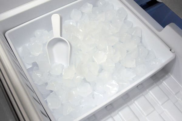 The ice bucket—found in the upper freezer drawer—comes with its own little ice scoop.