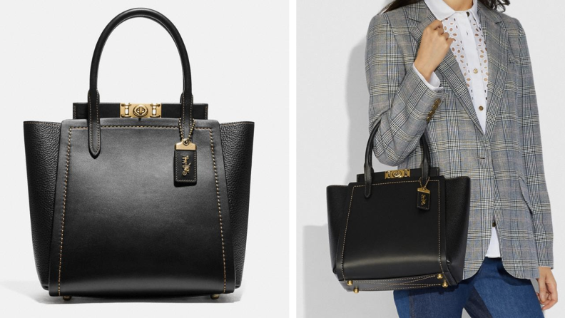 Two images of a black leather bag
