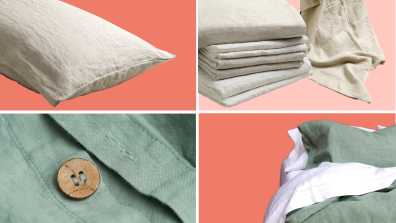 Oatmeal and Jade colored linen sheet set on pillow, folded and stack, and on bed.