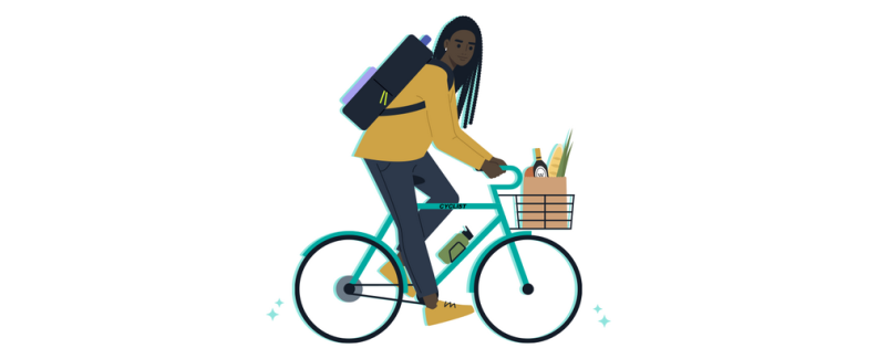 Graphic of a person riding a teal bicycle with groceries in a basket.