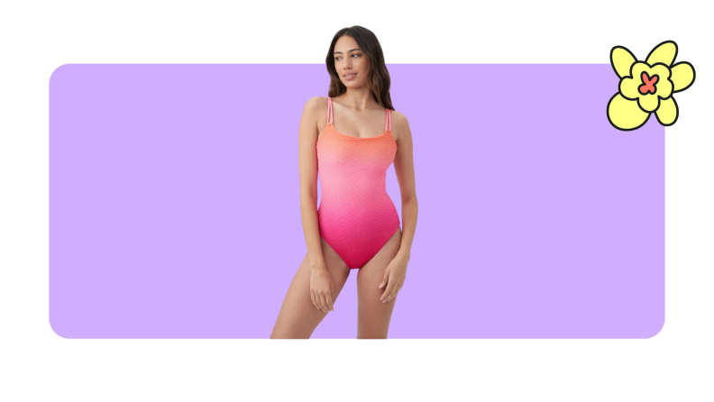 A woman wearing an ombre orange and pink crochet overlay swimsuit on purple background