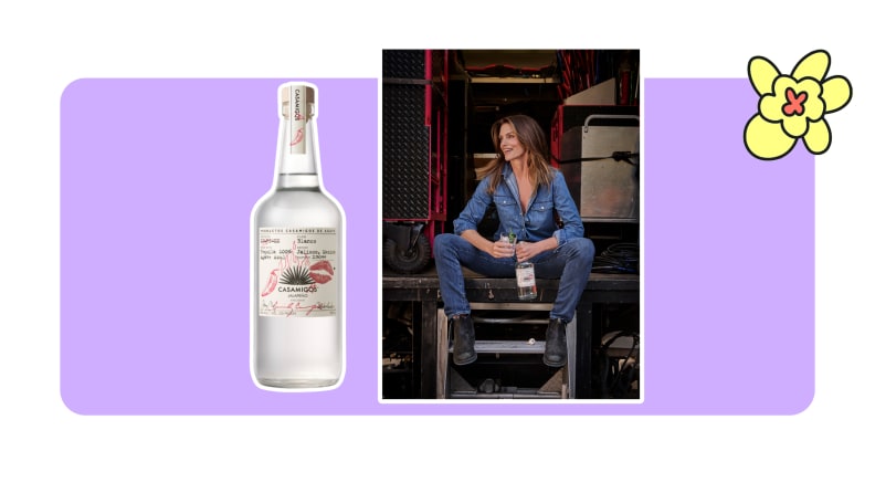 An image of supermodel Cindy Crawford holding a bottle of  Jalepeño Casamigos Tequila