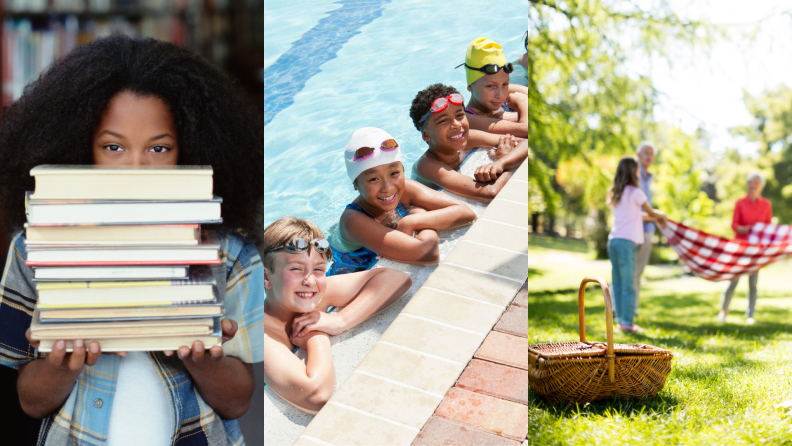 (Left) A child peeks behind a stack of books in a library. (Center) A group of 4 young swimmers hang onto the wall of a pool. (Right) A family places a blanket in a park for a picnic on a sunny day.