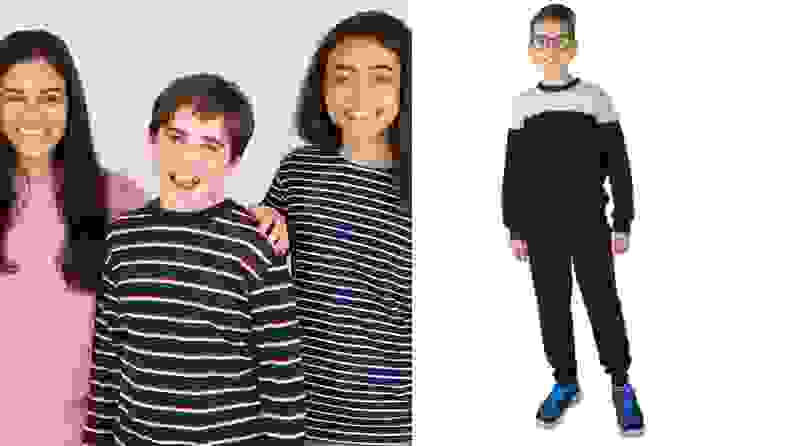 Children pose in clothes that can be worn backwards and inside out