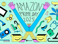Illustration of excited shopper surrounded by products and shopping boxes, celebrating the Prime Day 2025 sale.