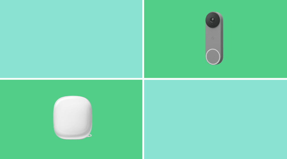 The new Nest Wi-Fi Pro Router and Video Doorbell on a green background