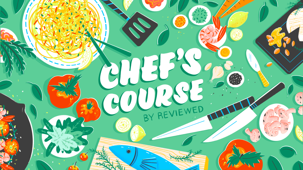 Green animated pictures with colorful foods and "Chef's Course by Reviewed"