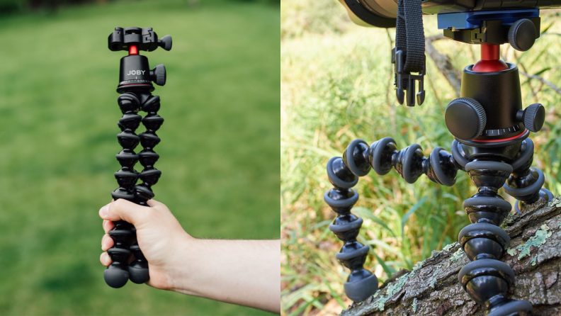 Side-by-side image of a hand holding the portable tripod next to an image of the tripod standing on its own