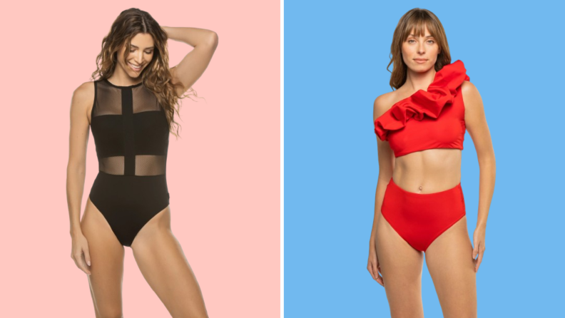 Models wearing a black one-piece bathing suit, and another model wearing a red ruffled bikini.