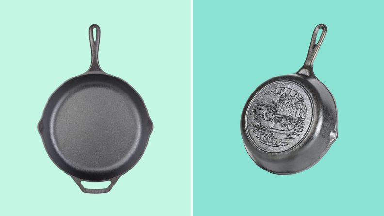 Left: Lodge 12-inch cast iron skillet. Right: Lodge 8-inch cast iron skillet with duck scene.