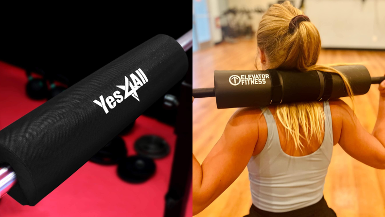 a Yes4All barbell pad closeup next to a person using a foam barbell pad.