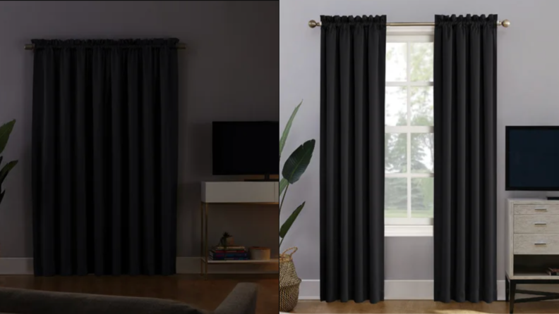 Dark colored blackout curtains being used in light and dark room.