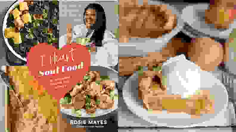 On left, I Heart Soul Food cookbook cover. On right, piece of apple pie on a plate, topped with ice cream.