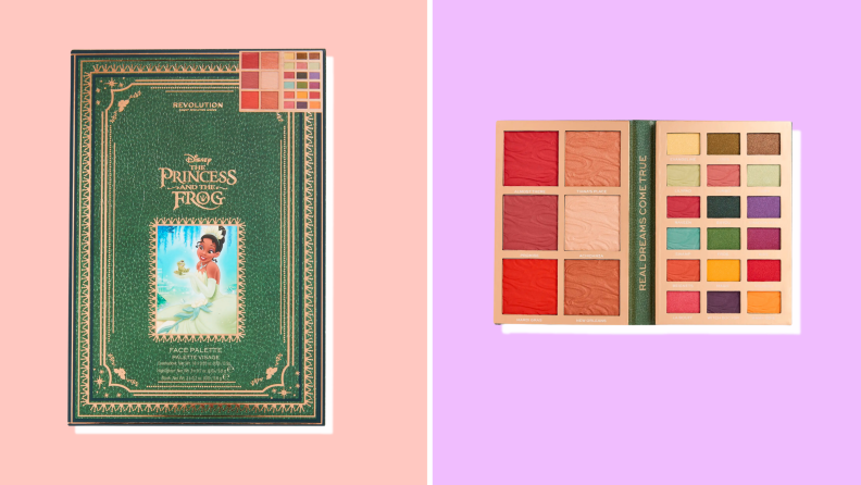 A book with the title "The Princess and the Frog" and a colorful makeup palette.