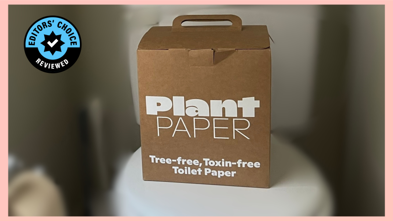 A box of our best choice bamboo toilet paper, Plant Paper, on a toilet.