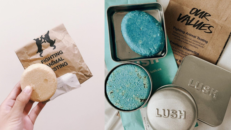 On the left: A hand holding a cream colored shampoo bar from Lush with the paper packaging behind it. On the right: Two different blue colored Lush bar shampoos sitting in metal Lush tins.