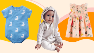 On left, blue bunny print baby romper. In middle, baby wearing bunny ear onesie. On right, pink floral print children's dress.