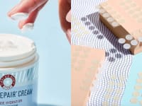 A photo of the First Aid Beauty Ultra Repair Cream Intense Hydration and the Peace Out Acne Healing Dots.