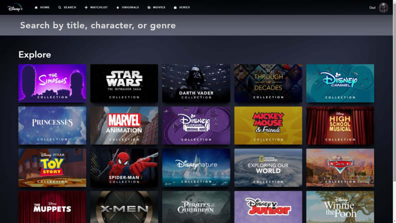 The user interface of Disney Plus.