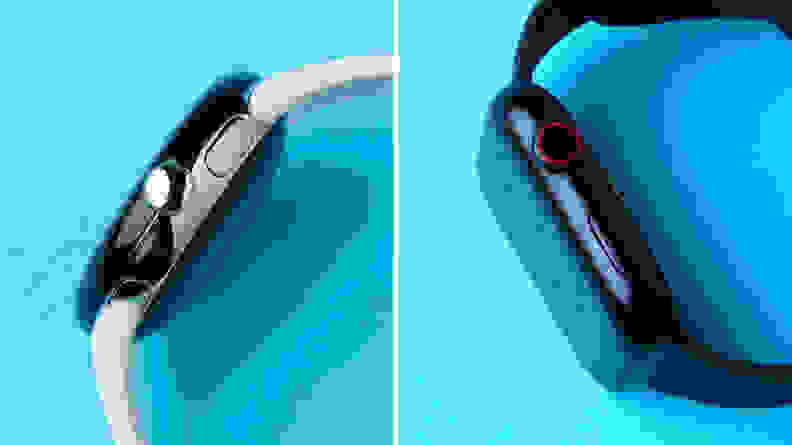 A side-by-side comparision of the Apple Watch Series 8 and the Google Pixel Watch