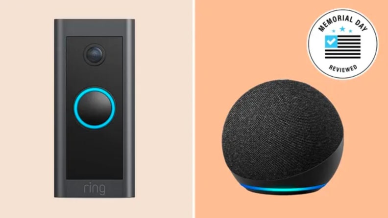 A ring doorbell camera shown next to a Amazon Eco dot smart speaker.