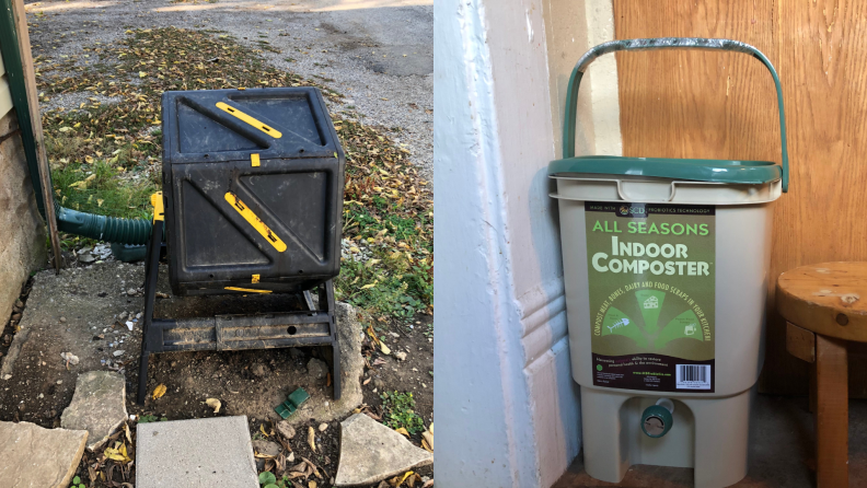 Left: A hexagon-shaped compost bin outside; Right: An indoor compost bin sitting on the floor.
