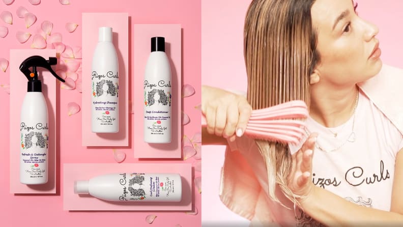 haircare products on a pink background next to a woman brushing her wet hair