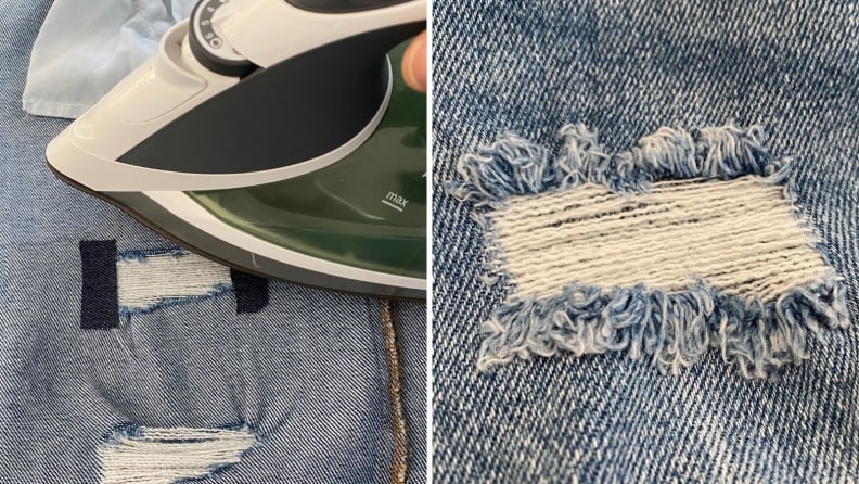 On left, person using iron to adhere patches to distressed jeans. On right, distressed patch on demin.