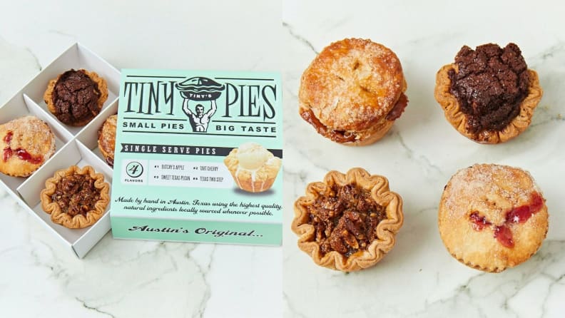 On left, Tiny Pies box opened on an angle revealing the pies. On right, all four flavors of Tiny Pies laid out on white marble countertop.