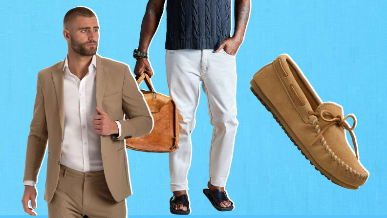 A man wearing a tan suit, a tan pair of mocassins, and a model wearing a pair of white jeans.
