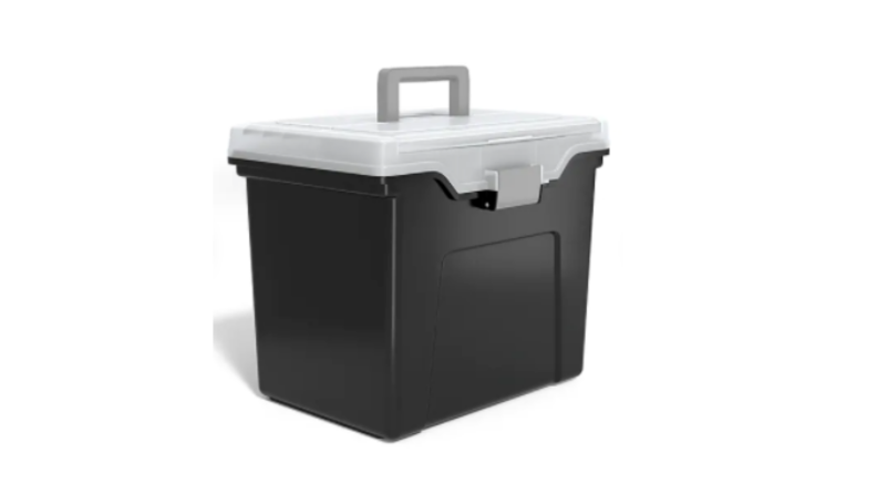 An image of a black filing storage container.