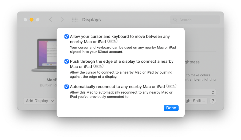 A screenshot of the Settings menu for Universal Control within macOS's System Preferences app. For the easiest experience, it's best to check all three boxes.