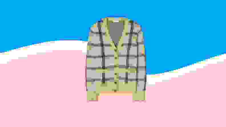 Plaid yellow, white and black fuzzy cardigan.