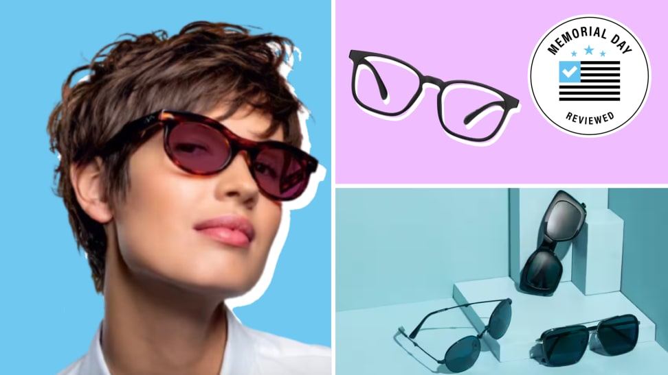 A photo of a person wearing Zenni sunglasses next to a collage of various Zenni glasses on purple and blue backgrounds.