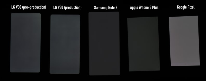 In this extreme example, you can see some uniformity issues on the LG V30, but they're nothing you should worry about.