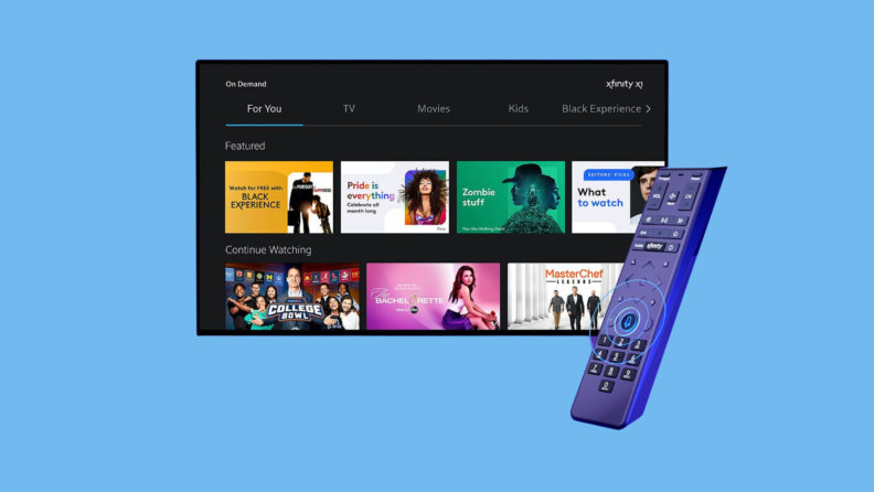 The Xfinity XRA Large Button Voice Remote and screen of Apps on a blue background.
