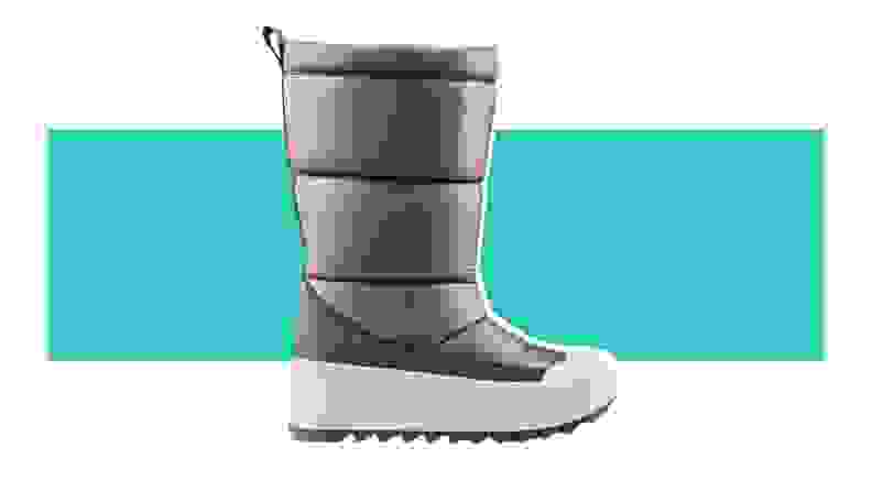 An olive-colored puffer boot.