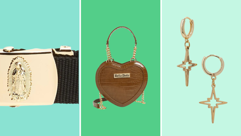 Side-by-side images of a gold Virgin Mary belt buckle, a heart-shaped chocolate-brown faux leather handbag, and hoop earrings with cutout drops shaped like stars, all from Bella Doña.