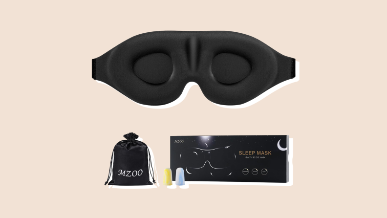 A black MZOO eye mask sits above its case, ear plugs, and box on a neutral background.