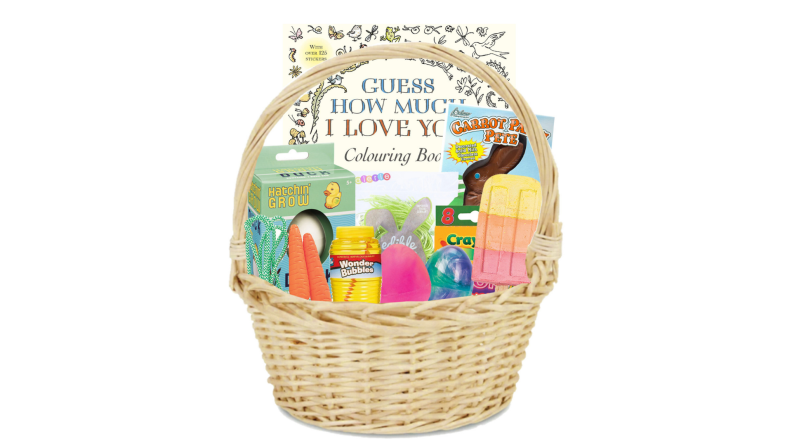 A cream wicker basket houses a coloring book, crayons, ice cream chalk, and edible grass candy.