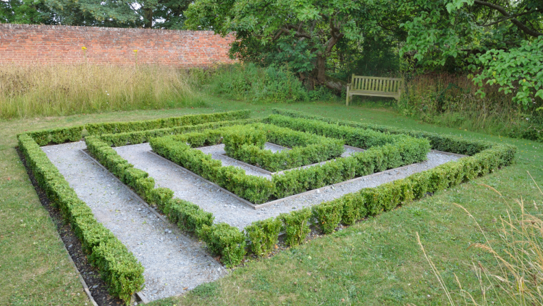 A garden maze, or labyrinth, in a backyard