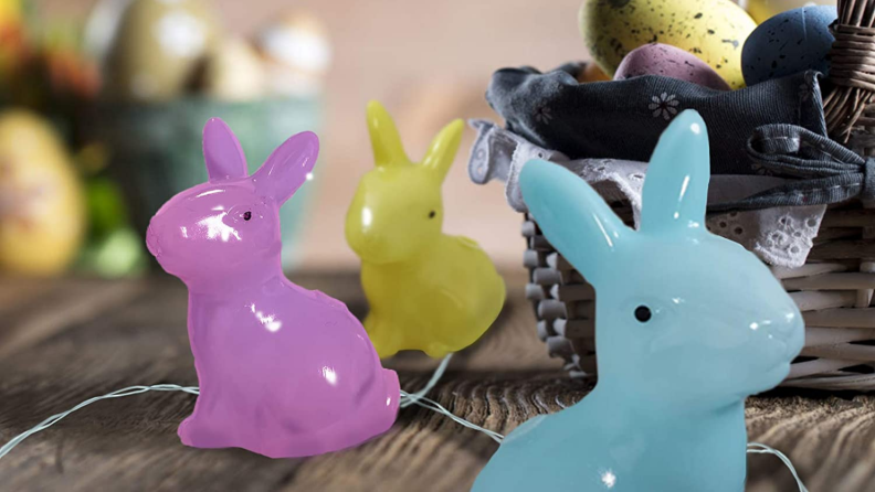 Blue and purple bunnies on string lights