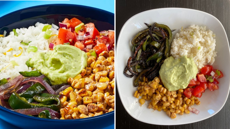 A professional and tester's side-by-side photos of EveryPlate Mexican rice and veggie bowl