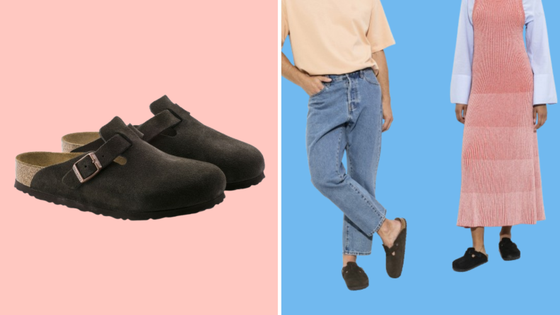 A pair of Birkenstock Boston Clogs and two models wearing the same shoes.
