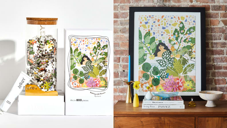 A Jiggy Puzzle in a container and a completed Jiggy Puzzle about to be hung up, among the best 30th birthday gift ideas.