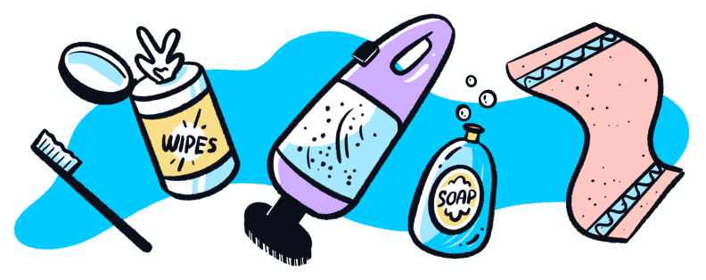 An illustration of cleaning supplies on a blue background.